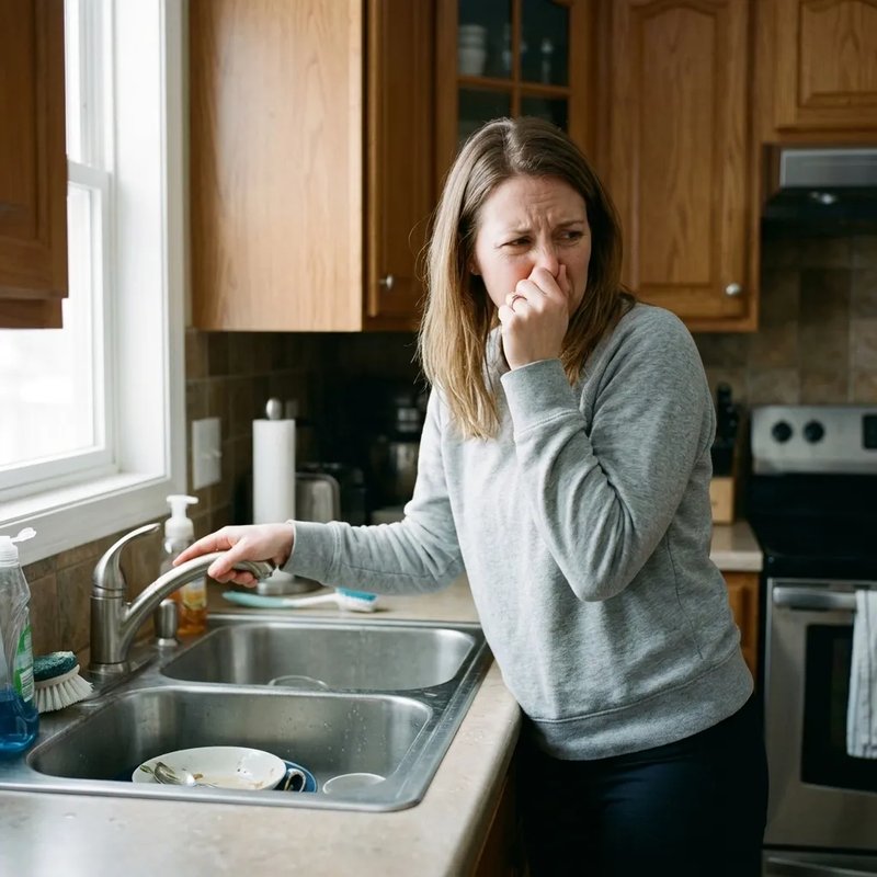 Homeowner reacting to a sewage odor at the kitchen sink